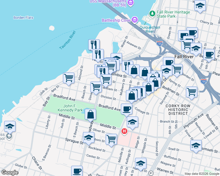 map of restaurants, bars, coffee shops, grocery stores, and more near 154 Eagle Street in Fall River