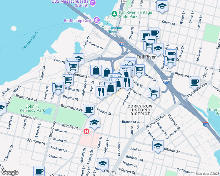 map of restaurants, bars, coffee shops, grocery stores, and more near 231 Union Street in Fall River