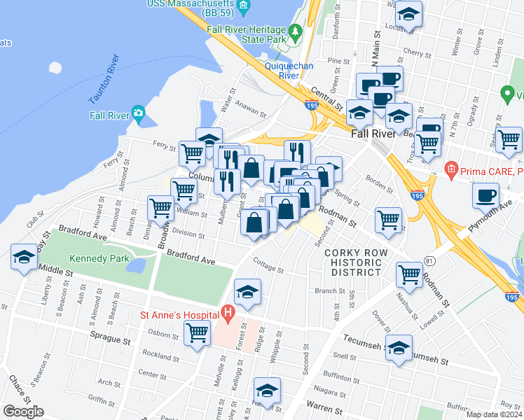 map of restaurants, bars, coffee shops, grocery stores, and more near 30 Hunter Street in Fall River