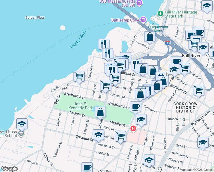 map of restaurants, bars, coffee shops, grocery stores, and more near 167 Broadway in Fall River