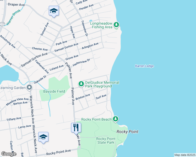 map of restaurants, bars, coffee shops, grocery stores, and more near 67 Alden Avenue in Warwick