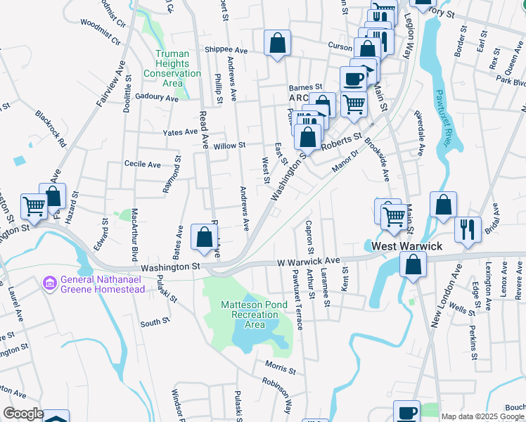 map of restaurants, bars, coffee shops, grocery stores, and more near 325 Rhode Island 33 in West Warwick