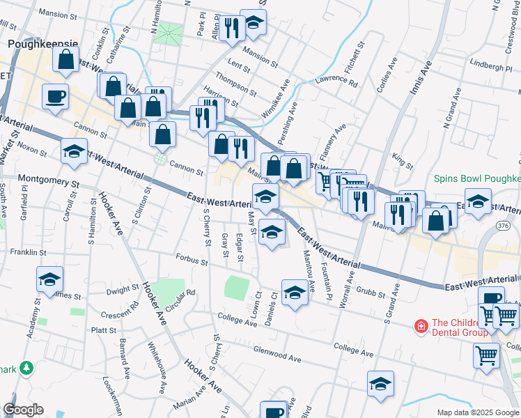 map of restaurants, bars, coffee shops, grocery stores, and more near 355 Church Street in Poughkeepsie