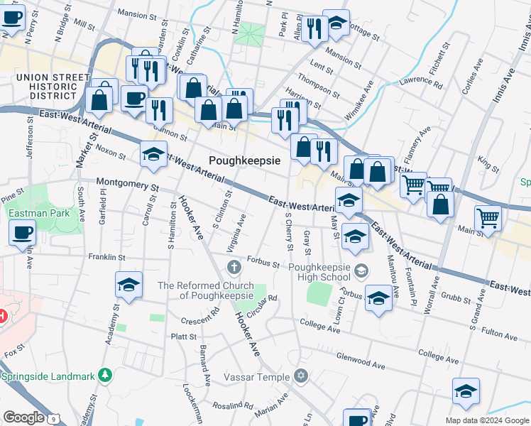 map of restaurants, bars, coffee shops, grocery stores, and more near 286 Church Street in Poughkeepsie