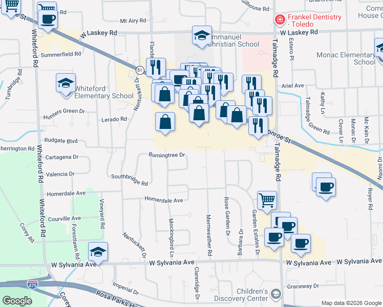 map of restaurants, bars, coffee shops, grocery stores, and more near 4602 Burningtree Drive in Toledo