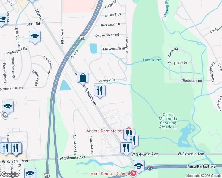 map of restaurants, bars, coffee shops, grocery stores, and more near 6031 Outpost Road in Sylvania