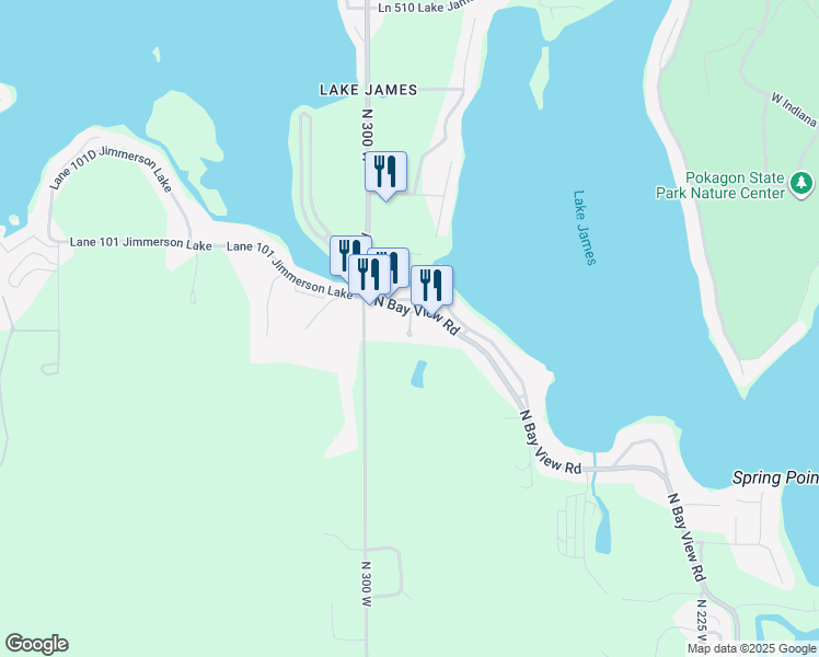 map of restaurants, bars, coffee shops, grocery stores, and more near 3875 N Bay View Rd in Angola