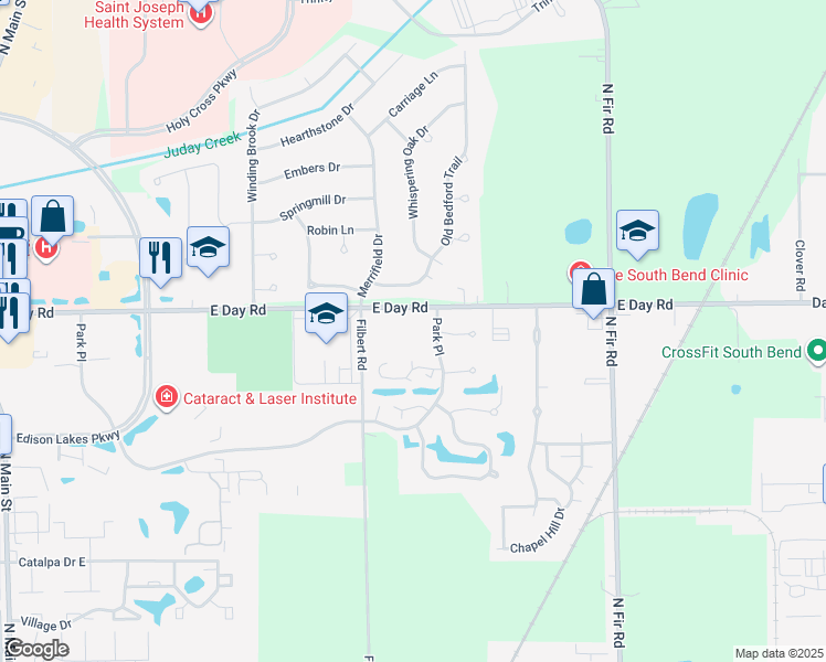 map of restaurants, bars, coffee shops, grocery stores, and more near East Day Road in Mishawaka