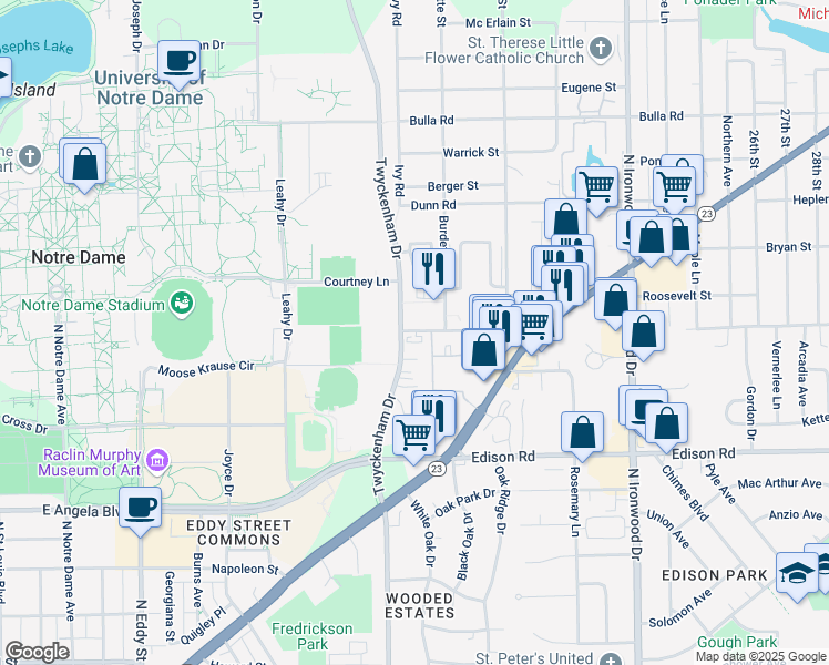 map of restaurants, bars, coffee shops, grocery stores, and more near 1735 Burdette Street in South Bend