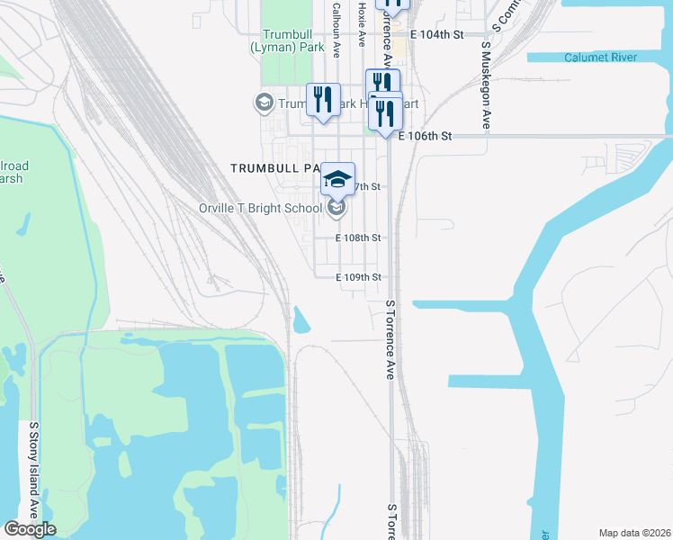 map of restaurants, bars, coffee shops, grocery stores, and more near 10816 South Calhoun Avenue in Chicago