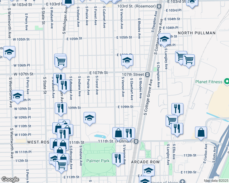 map of restaurants, bars, coffee shops, grocery stores, and more near 10759 South King Drive in Chicago