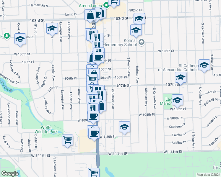 map of restaurants, bars, coffee shops, grocery stores, and more near 4704 West 107th Street in Oak Lawn