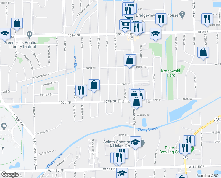 map of restaurants, bars, coffee shops, grocery stores, and more near 10601 West 106th Street in Palos Hills