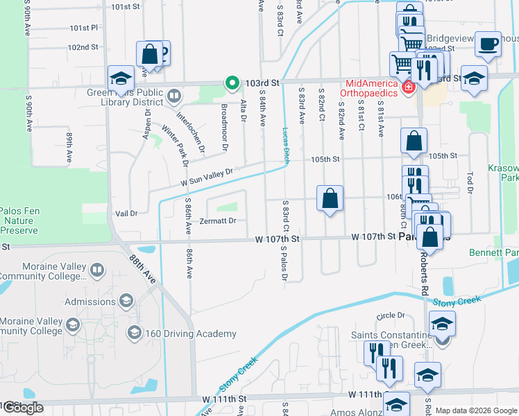 map of restaurants, bars, coffee shops, grocery stores, and more near 10551 South 84th Avenue in Palos Hills