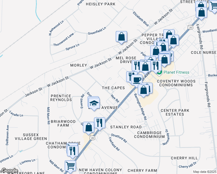 map of restaurants, bars, coffee shops, grocery stores, and more near 1005 The Capes Boulevard in Painesville