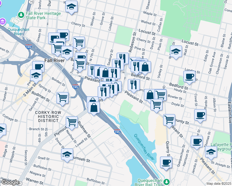 map of restaurants, bars, coffee shops, grocery stores, and more near 10 Plymouth Avenue in Fall River