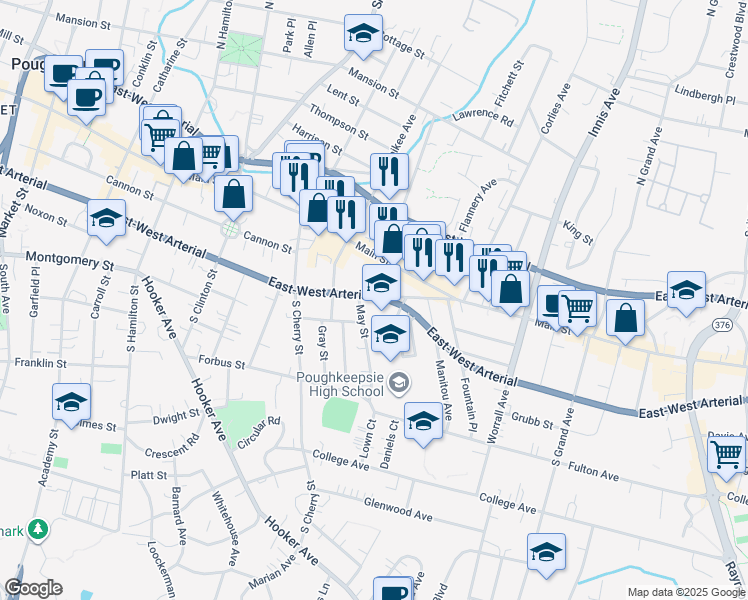 map of restaurants, bars, coffee shops, grocery stores, and more near 355 Church Street in Poughkeepsie