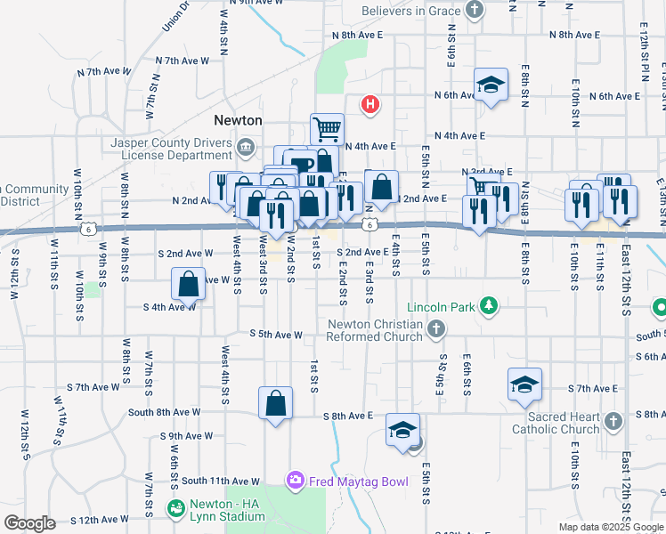 map of restaurants, bars, coffee shops, grocery stores, and more near 201 East 2nd Street South in Newton