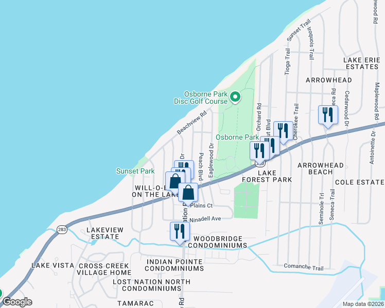 map of restaurants, bars, coffee shops, grocery stores, and more near Shadowrow Avenue in Willoughby