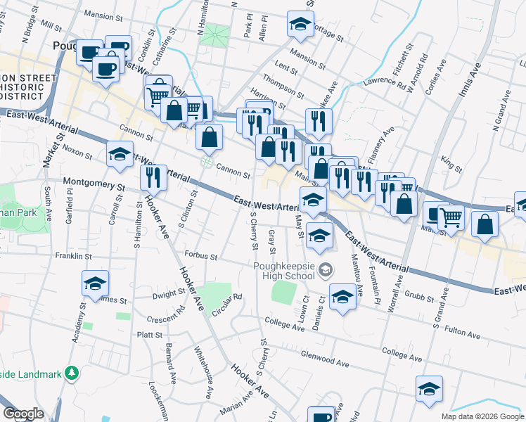 map of restaurants, bars, coffee shops, grocery stores, and more near 337 Church Street in Poughkeepsie
