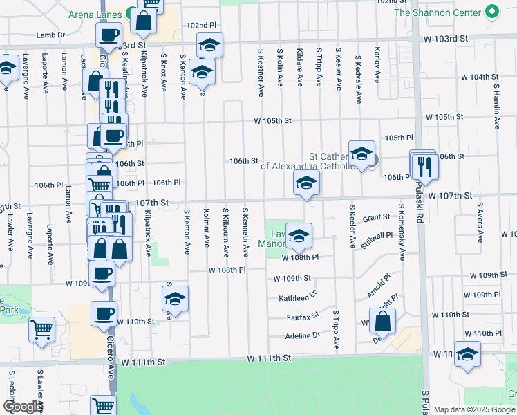 map of restaurants, bars, coffee shops, grocery stores, and more near 10640 South Kostner Avenue in Oak Lawn
