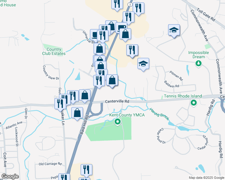 map of restaurants, bars, coffee shops, grocery stores, and more near 1500 Bald Hill Road in Warwick