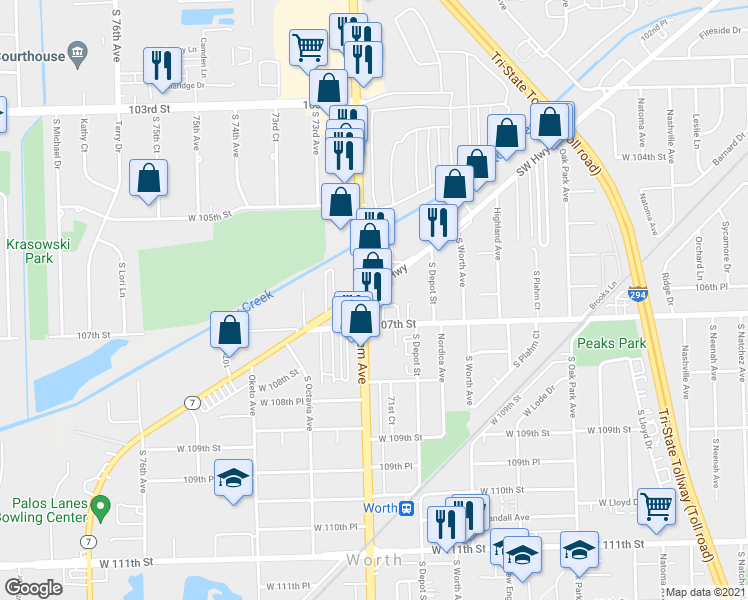 map of restaurants, bars, coffee shops, grocery stores, and more near 10631 Southwest Highway in Worth