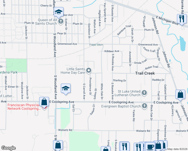 map of restaurants, bars, coffee shops, grocery stores, and more near 1005 Salem Street in Michigan City