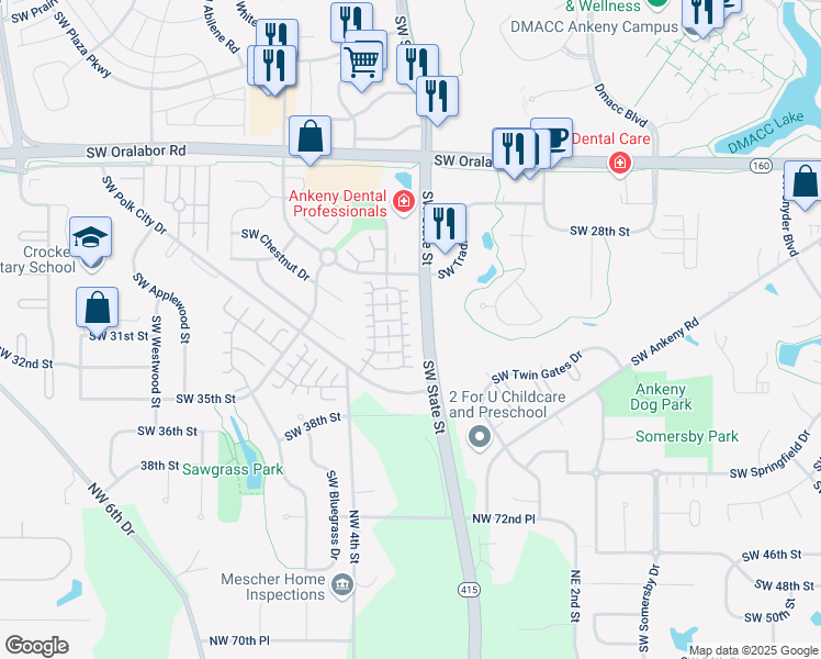 map of restaurants, bars, coffee shops, grocery stores, and more near 3113 Southwest Arlan Lane in Ankeny