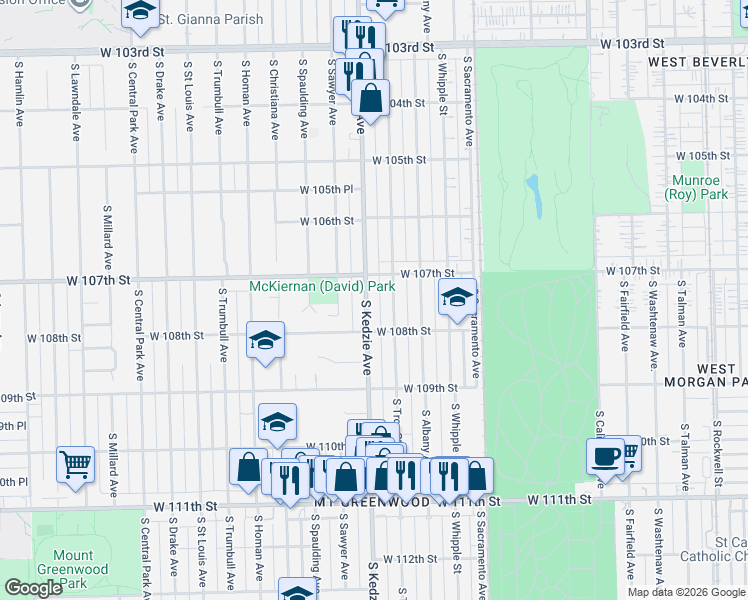 map of restaurants, bars, coffee shops, grocery stores, and more near 10708 South Troy Street in Chicago