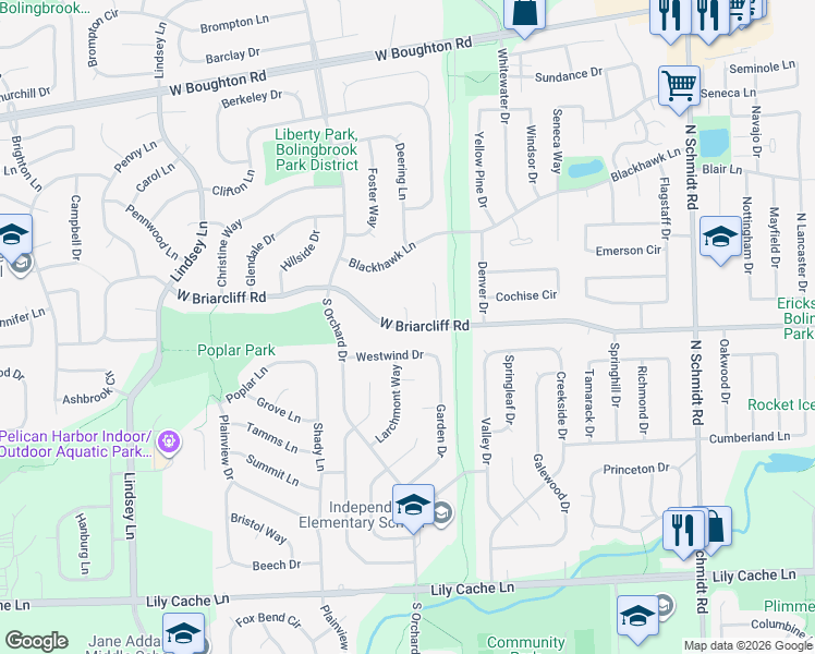 map of restaurants, bars, coffee shops, grocery stores, and more near 0 Palos Court in Bolingbrook