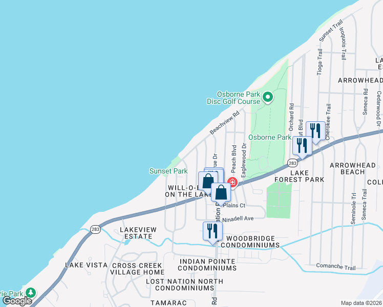 map of restaurants, bars, coffee shops, grocery stores, and more near 38380 Beachview Road in Willoughby