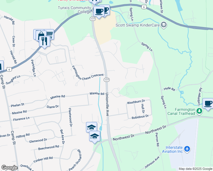 map of restaurants, bars, coffee shops, grocery stores, and more near Plainville Avenue in Farmington