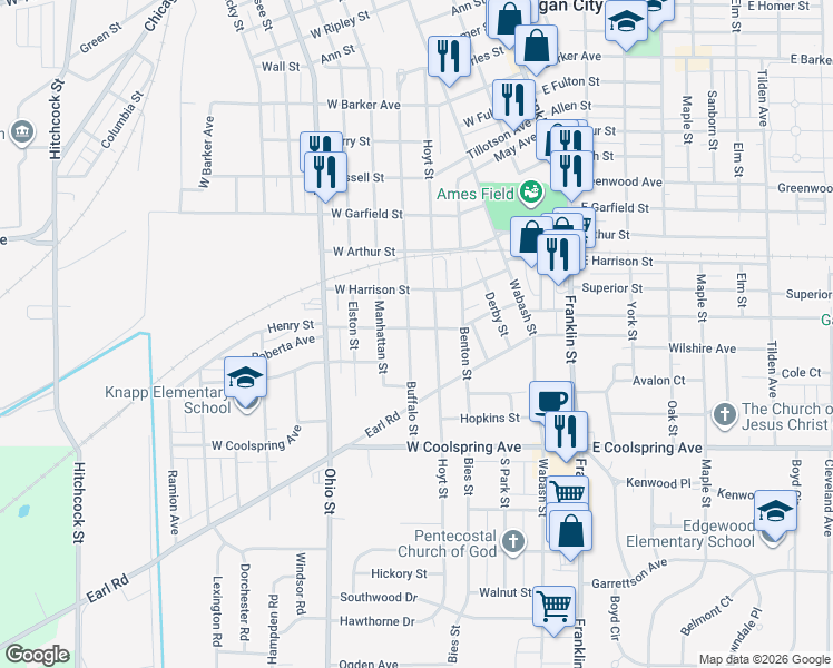 map of restaurants, bars, coffee shops, grocery stores, and more near 725 Hoyt Street in Michigan City