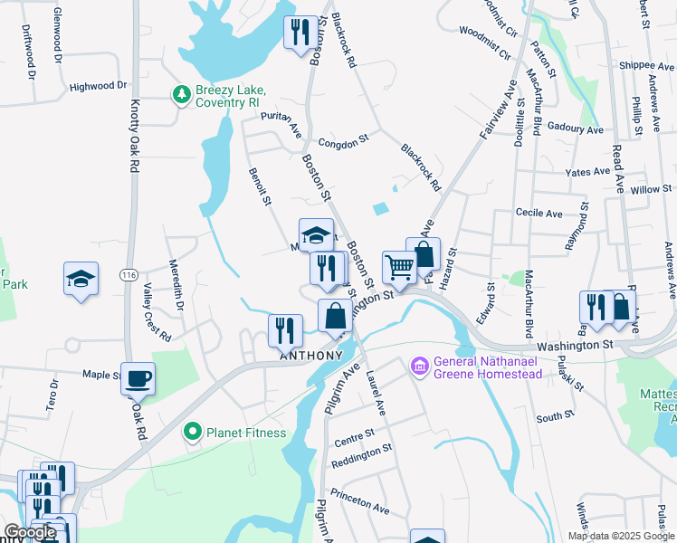 map of restaurants, bars, coffee shops, grocery stores, and more near 22 Anthony Street in Coventry