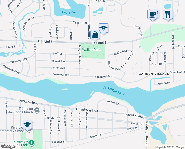 map of restaurants, bars, coffee shops, grocery stores, and more near 3342-3574 Greenleaf Boulevard in Elkhart