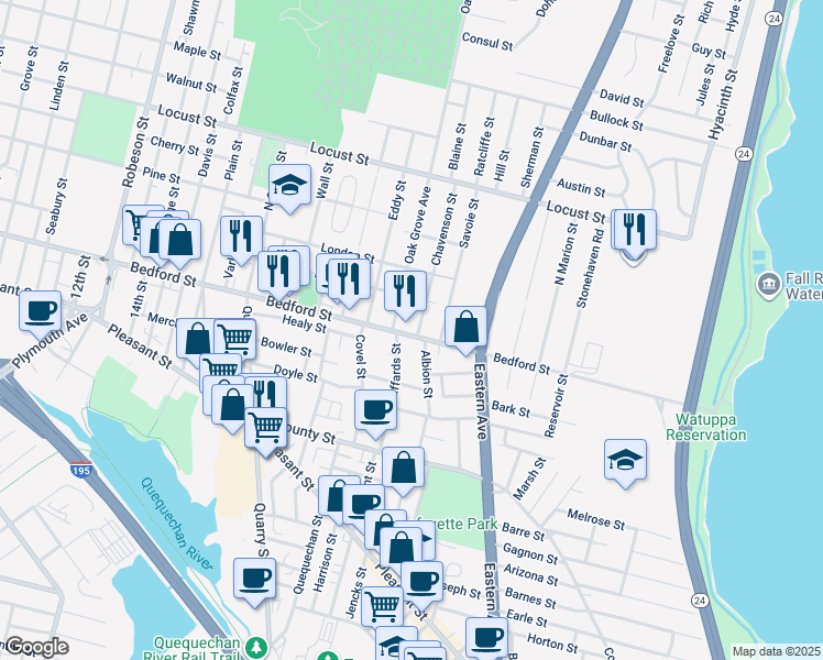 map of restaurants, bars, coffee shops, grocery stores, and more near 47 Chavenson Street in Fall River