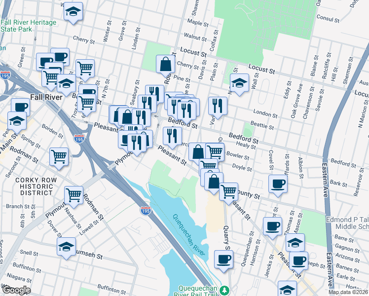 map of restaurants, bars, coffee shops, grocery stores, and more near 50 Merchant Street in Fall River