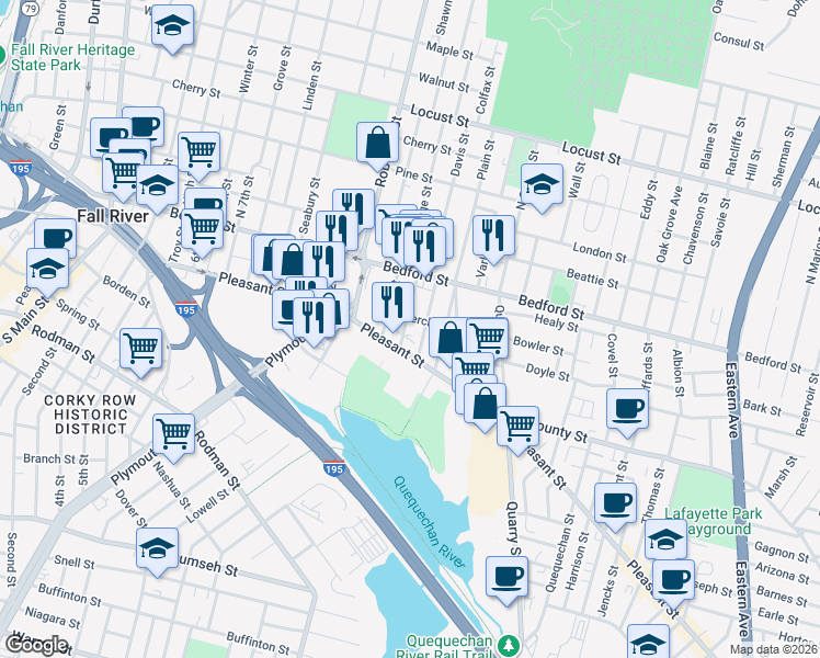 map of restaurants, bars, coffee shops, grocery stores, and more near 50 Merchant Street in Fall River