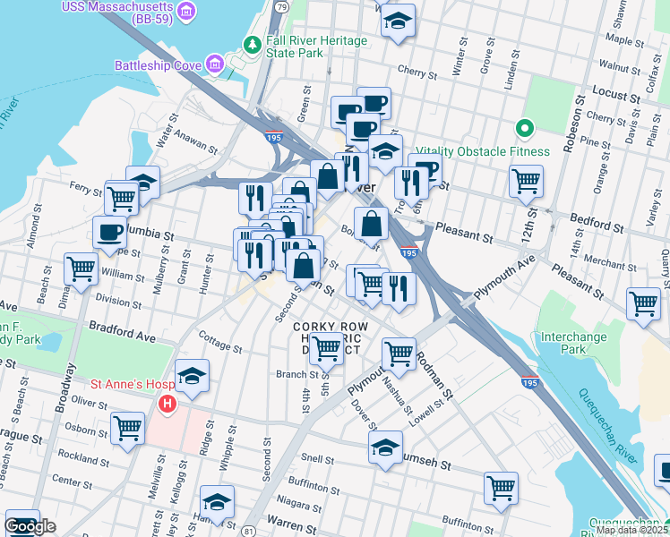 map of restaurants, bars, coffee shops, grocery stores, and more near 252 Third Street in Fall River