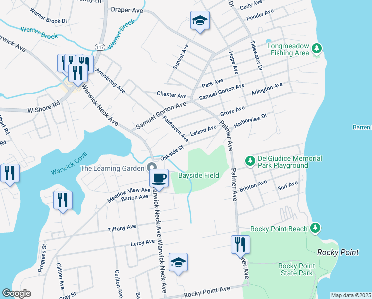 map of restaurants, bars, coffee shops, grocery stores, and more near 60 Oakside Street in Warwick
