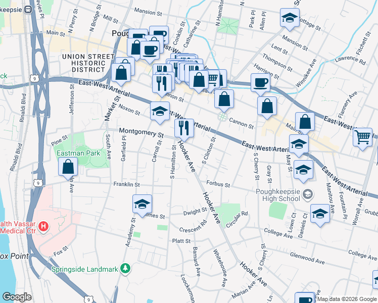 map of restaurants, bars, coffee shops, grocery stores, and more near 6 Hooker Avenue in Poughkeepsie