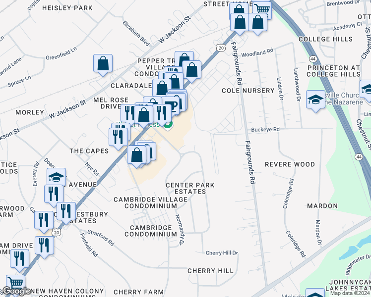 map of restaurants, bars, coffee shops, grocery stores, and more near 77 Normandy Drive in Painesville