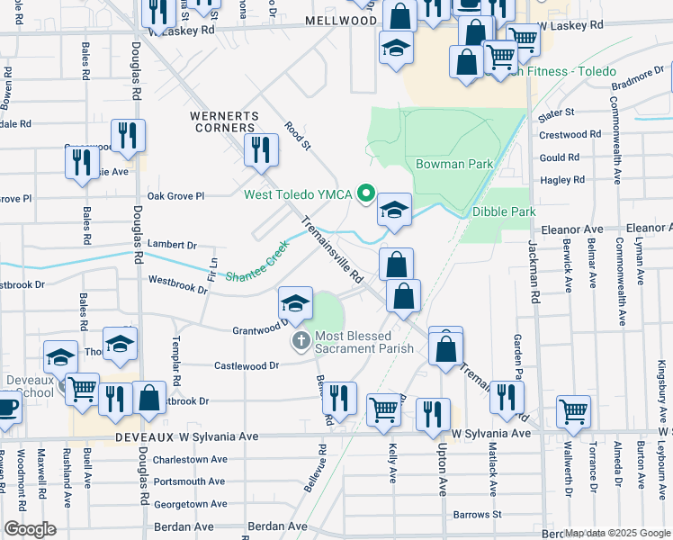 map of restaurants, bars, coffee shops, grocery stores, and more near 2067 Tremainsville Road in Toledo