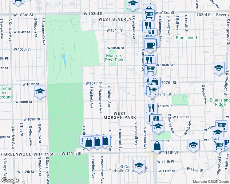 map of restaurants, bars, coffee shops, grocery stores, and more near 10717 South Talman Avenue in Chicago