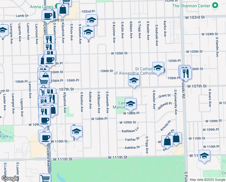 map of restaurants, bars, coffee shops, grocery stores, and more near 10640 South Kostner Avenue in Oak Lawn