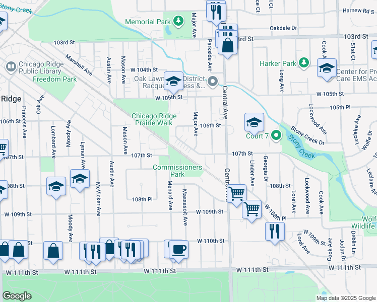 map of restaurants, bars, coffee shops, grocery stores, and more near 5725 Ridgemont Lane in Chicago Ridge