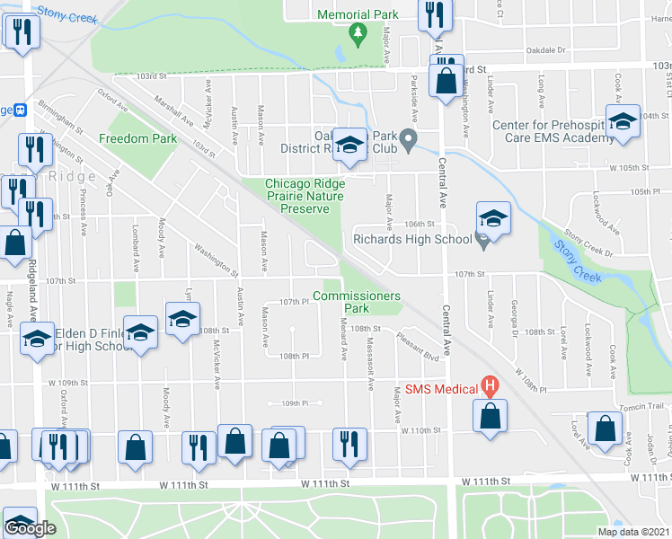 map of restaurants, bars, coffee shops, grocery stores, and more near 5810 107th Court Way in Chicago Ridge
