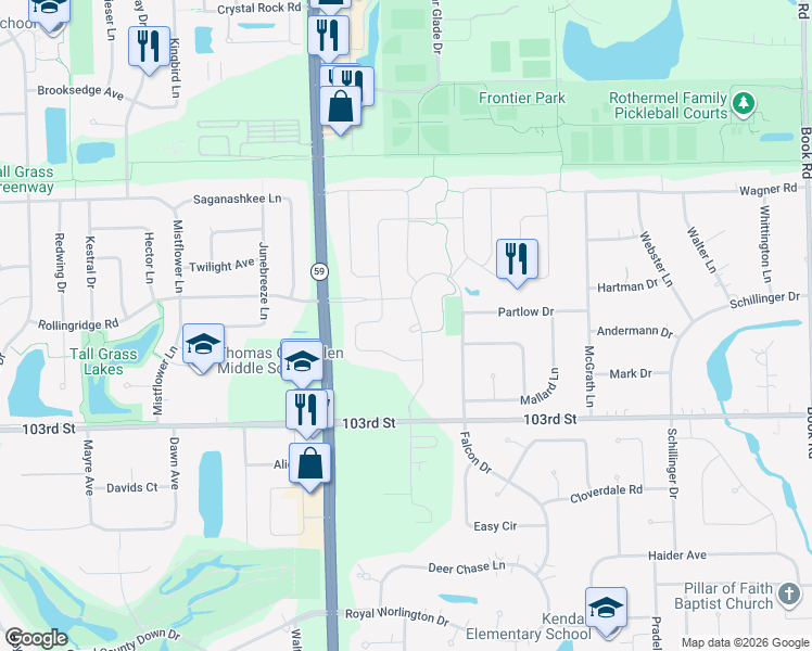 map of restaurants, bars, coffee shops, grocery stores, and more near 9937 S Rte 59 in Naperville