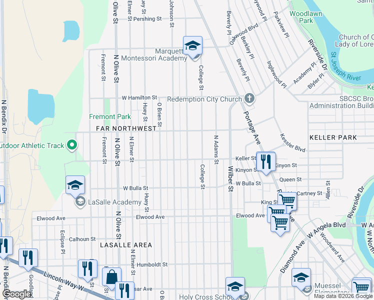 map of restaurants, bars, coffee shops, grocery stores, and more near 1733 North Brookfield Street in South Bend